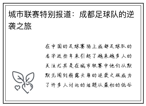 城市联赛特别报道：成都足球队的逆袭之旅