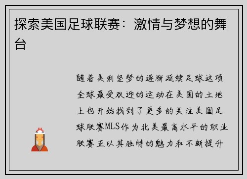 探索美国足球联赛：激情与梦想的舞台