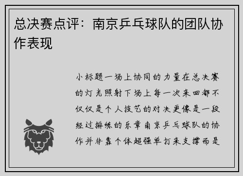 总决赛点评：南京乒乓球队的团队协作表现