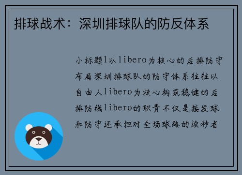 排球战术：深圳排球队的防反体系